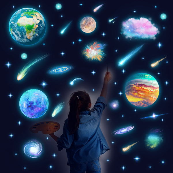 Cross-border new luminous decoration self-adhesive sticker outer space planet creative luminous wall ceiling removable sticker