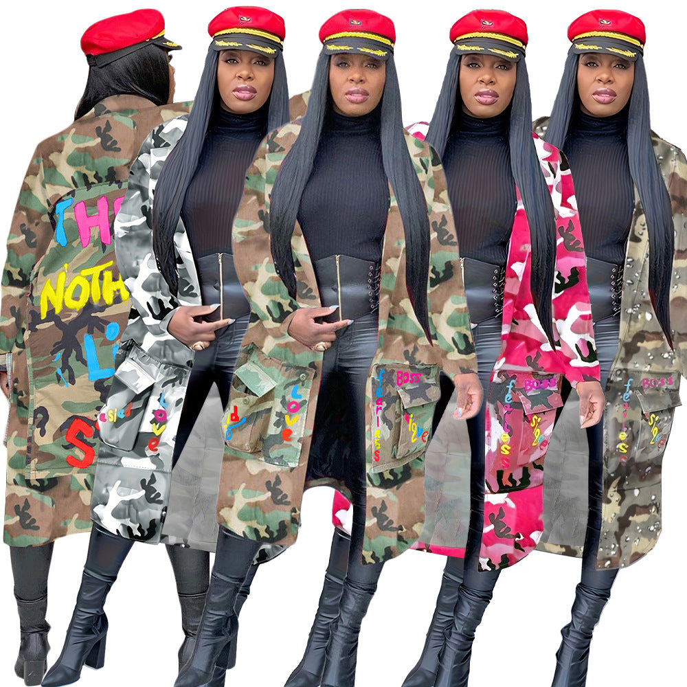 S390237 in stock wholesale women's mid-length casual fashion european and american camouflage print patchwork military overcoat