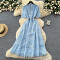 French high-end vintage embroidered cinched-waist short-sleeve dress - women's  summer slimming, elegant, and chic maxi dress