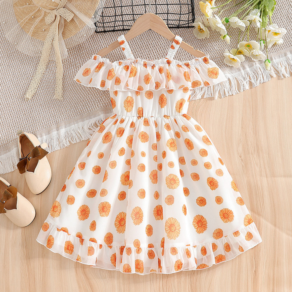 Girls' summer sundress - orange floral print, ruffle collar, tiered cake dress, princess style