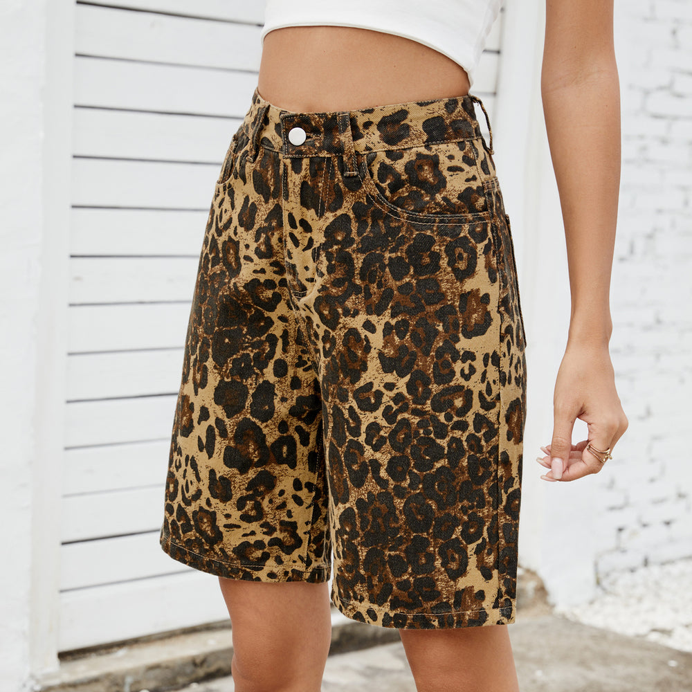 European and american cross-border  summer new arrivals:  &  washed casual retro leopard print slim-fit denim shorts