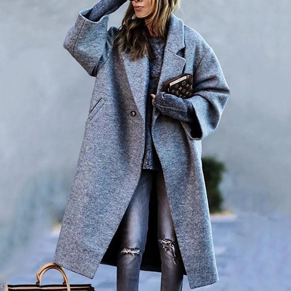 European and american autumn/winter long wool coat - chic, commuter style, beltless, turn-down collar, relaxed fit, wool green coat for women