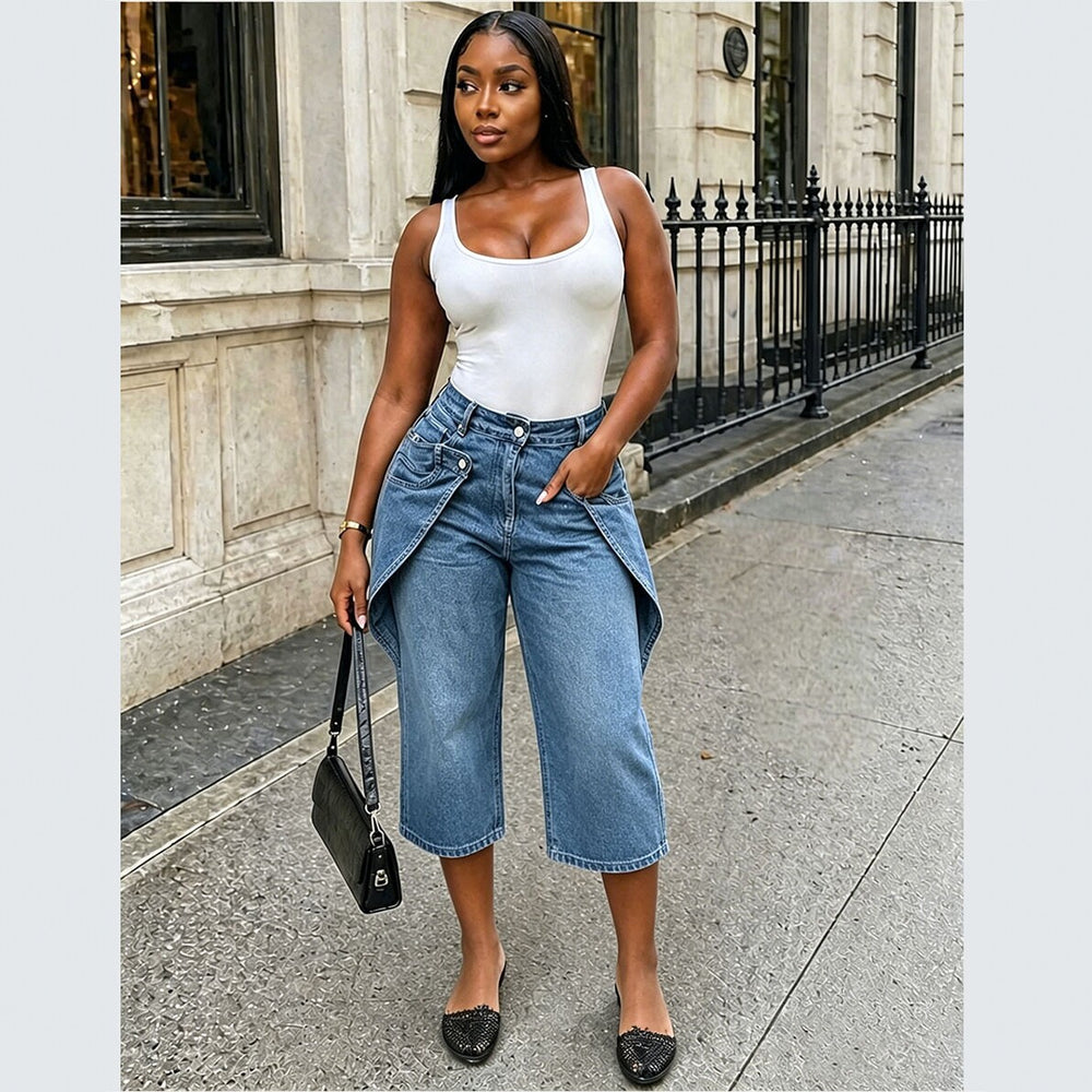 European and american style high-waisted cropped jeans - new  cross-border women's fashion with asymmetrical button design and wide leg