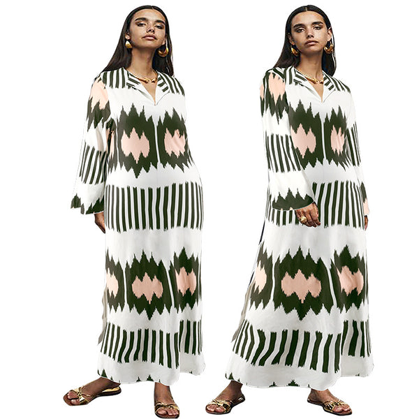 F218377 Cross-border large-size women's clothing lapel collar long-sleeved split-ended casual dress source factory direct sales
