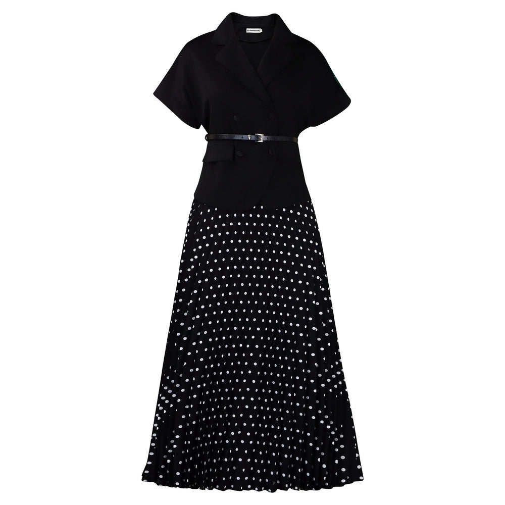 D620 european and american export new arrival elegant blazer collar short sleeve top polka dot pleated midi skirt african cross-border outfit set