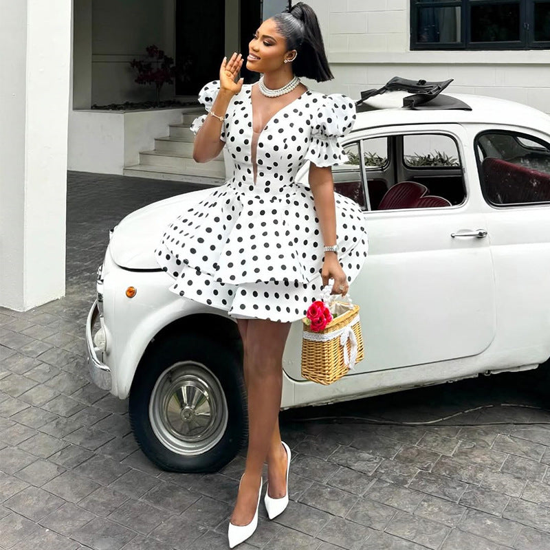 European and american cross-border women's fashion:  summer new arrival - elegant bubble sleeve v-neck polka dot high-waisted asymmetrical dress
