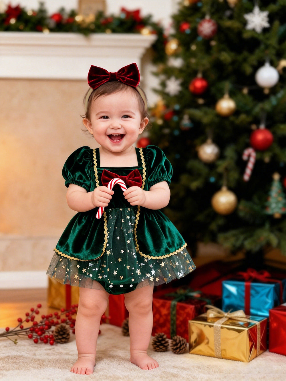 Baby girl christmas gold sequin velvet patchwork mesh romper dress