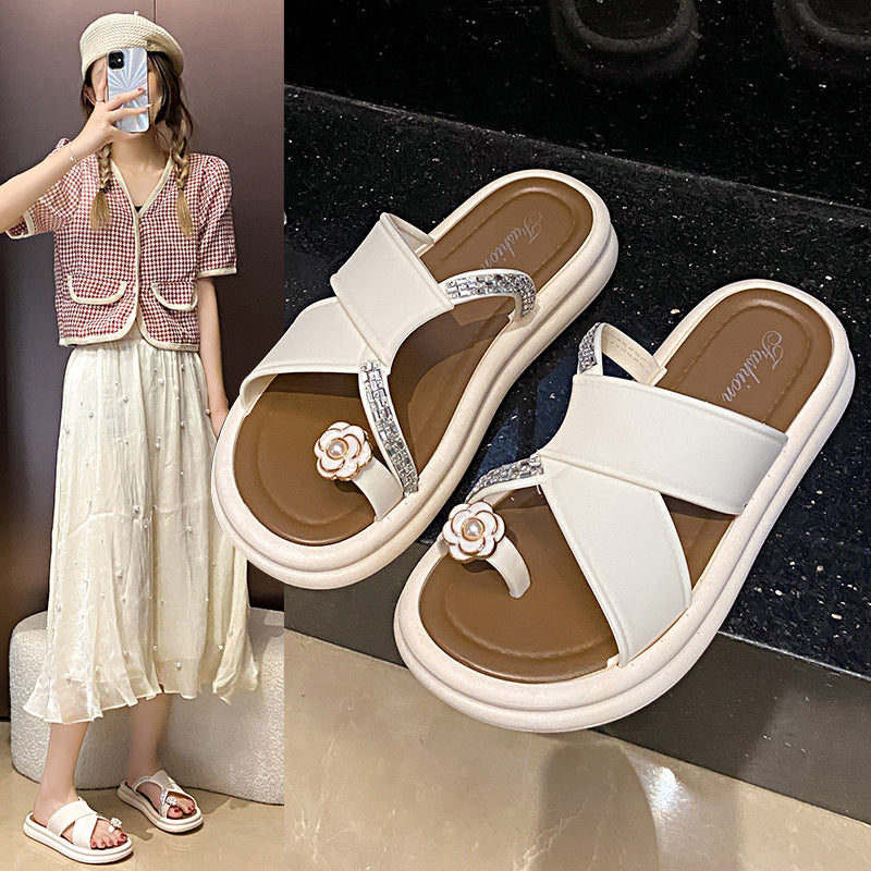 Influencer-approved camellia rhinestone slides - women's summer fashion sandals, perfect for dressing up with skirts, open toe style