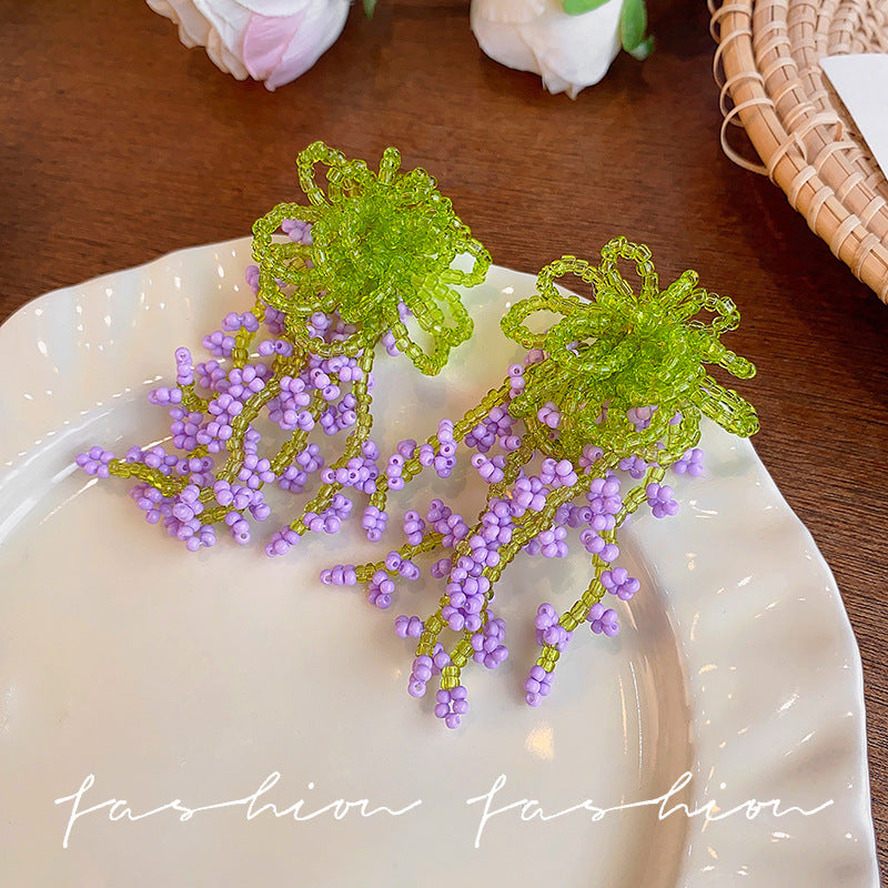 Summer outing green beaded flower tassel earrings for women classy style vacation style earrings exaggerated beautiful earrings