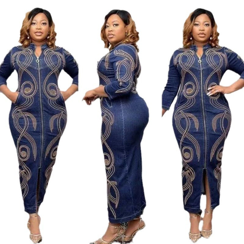 supply manufacturers direct sales african fashionfashion silm elastic denim silm hot diamond beaded long skirt big sale
