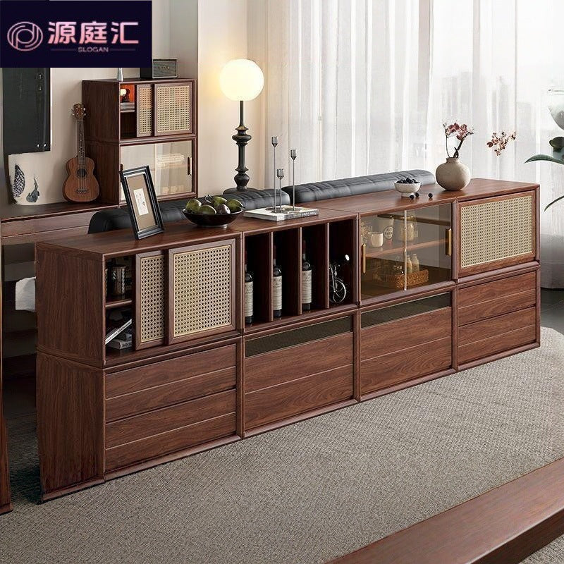 Black walnut solid wood sideboard bookcase low cabinet floor-standing bookshelf plaid storage rack storage cabinet coffee table tv cabinet