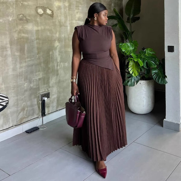 African new women's clothing solid color irregular short sleeveless top pleated skirt European and American high fashion suit