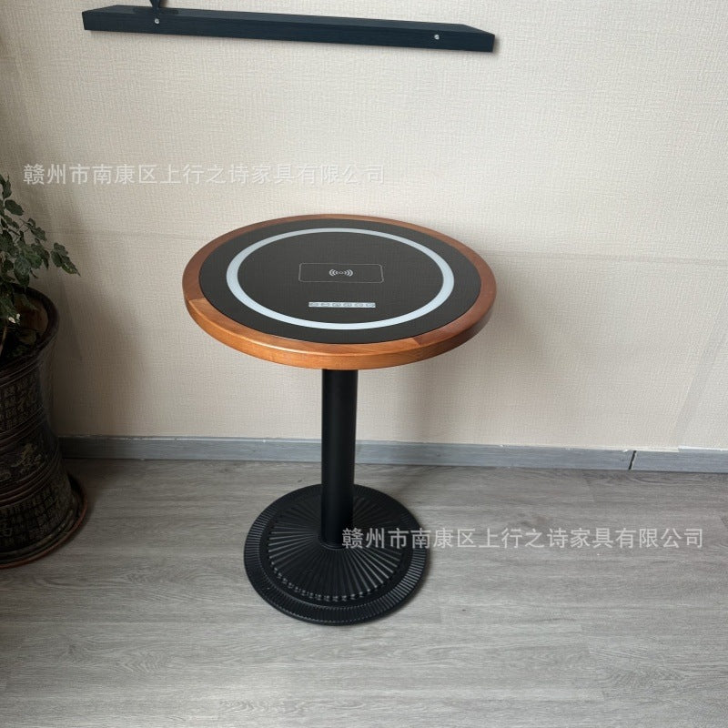 Hotel negotiation table retro dining table with wireless charging bluetooth audio all solid wood desktop small round table desk