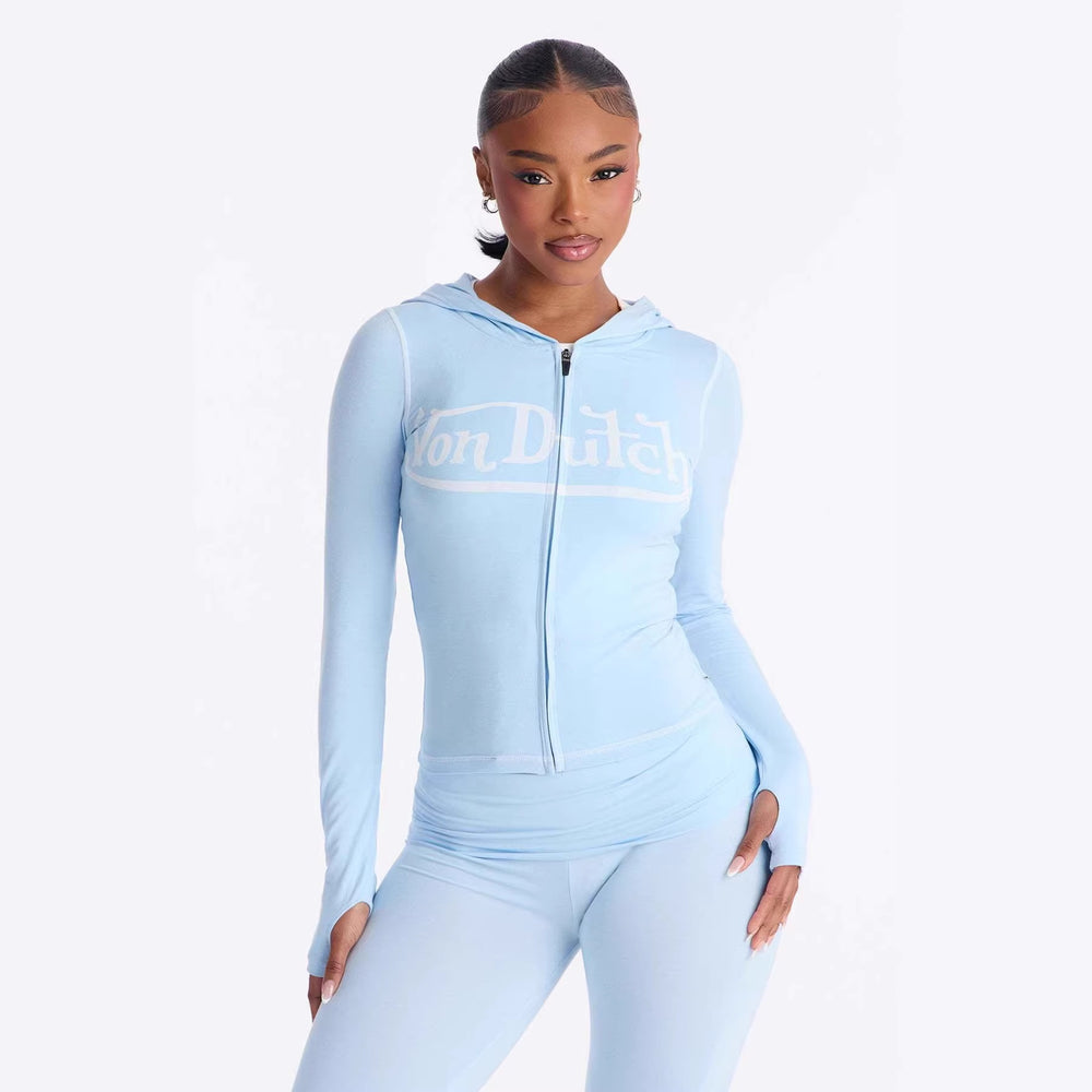 European and american  new fashion sporty slim-fit printed letter long sleeve jacket and tight-fitting pants two-piece tracksuit set