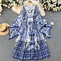 Dress autumn clothing new arrival2022niche style sense of designfashion resort style retroprinting bell sleeves chiffon long skirt