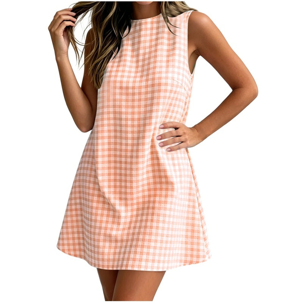 european and american cross-border  summer new women's plaid round neck sleeveless back zipper casual dress