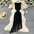 Korean style commute-friendly sleeveless knit dress - women's summer round neck high waist tassel maxi dress - slimming a-line skirt