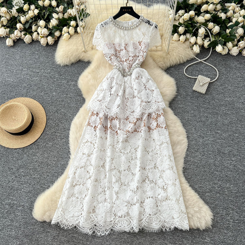 Frenchaccessible luxury celebrity heavy industry beading diamond round neck short sleeve waist lacedress women's slimming lookelegant long skirt