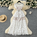 Frenchaccessible luxury celebrity heavy industry beading diamond round neck short sleeve waist lacedress women's slimming lookelegant long skirt