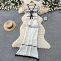 Korean style commute outfit: women's summer knitted two-piece set - v-neck tie-up slim fit suit with white color block stripes