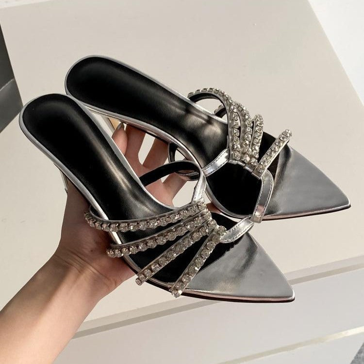 Xd huizhou autumn new european and american style rhinestone pointed toe stiletto heel women's open toe sexy versatile slippers