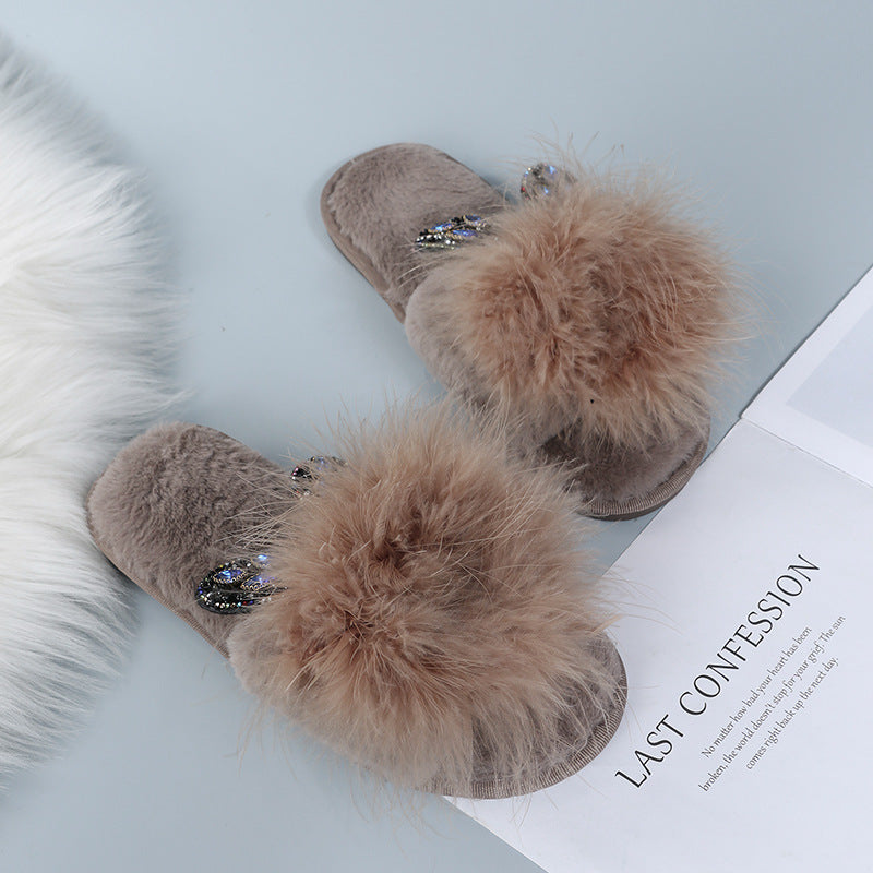 Furry slippers for women outwear 2024 fall and winter new arrivalk-stylepopular ostrich hair thick sole lazy one-word furry slippers