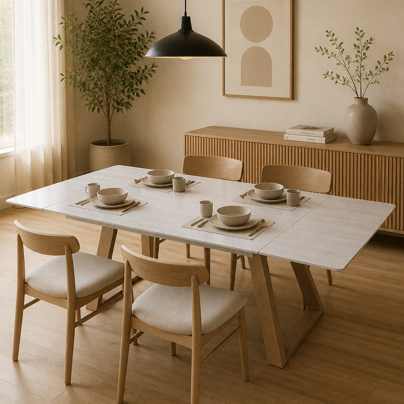 Off-white travertine rock slab dining table - extendable & foldable, cross-border dining table, modern minimalist home restaurant table
