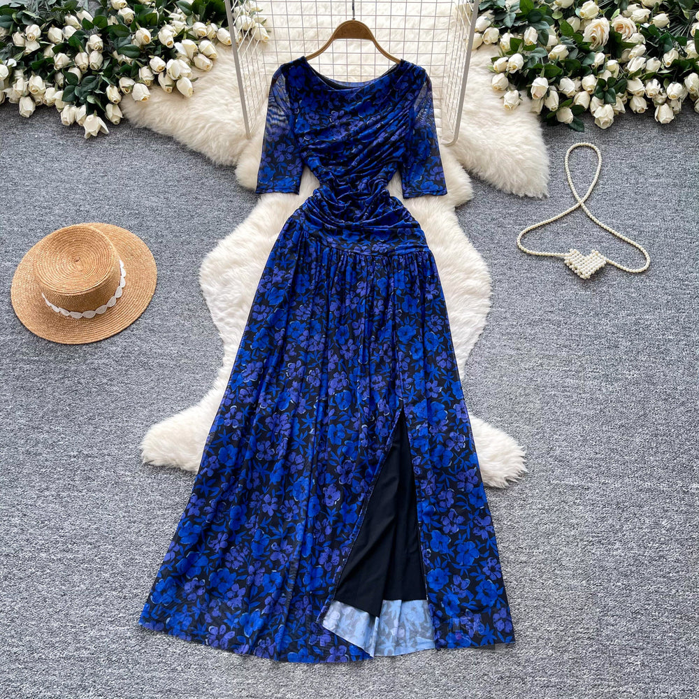 Hepburn style pink a-line slit long sleevesdress women's summer short-sleeved high waist pleated elegantelegance long skirt