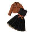 Girls' fashionable and elegant two-piece set: faux pocket notch lapel corduroy long-sleeve jacket + fluffy mesh skirt with vest