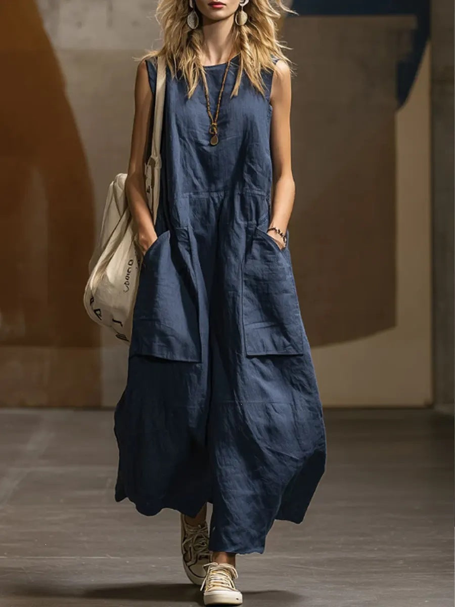 european and american cross-border  independent station spring and summer women's loose casual sleeveless pocket cotton and linen dress
