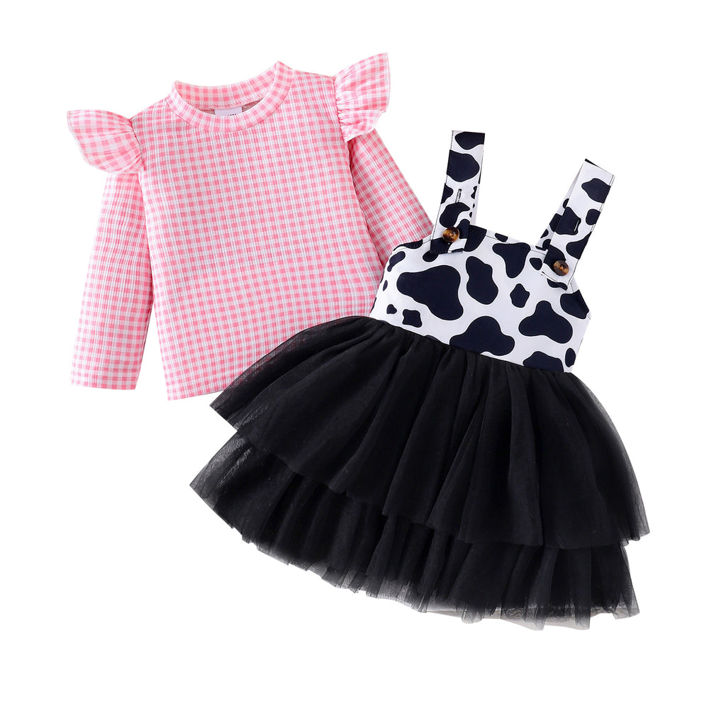 european and american style autumn/winter new collection: girls' plaid long-sleeve top and cow print suspender mesh skirt set (sizes for toddlers and young children)