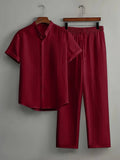 fashionmensuitcasualpure color short-sleeved shirt multi-color beach slub wrinkled short-sleeved pants two-piece set
