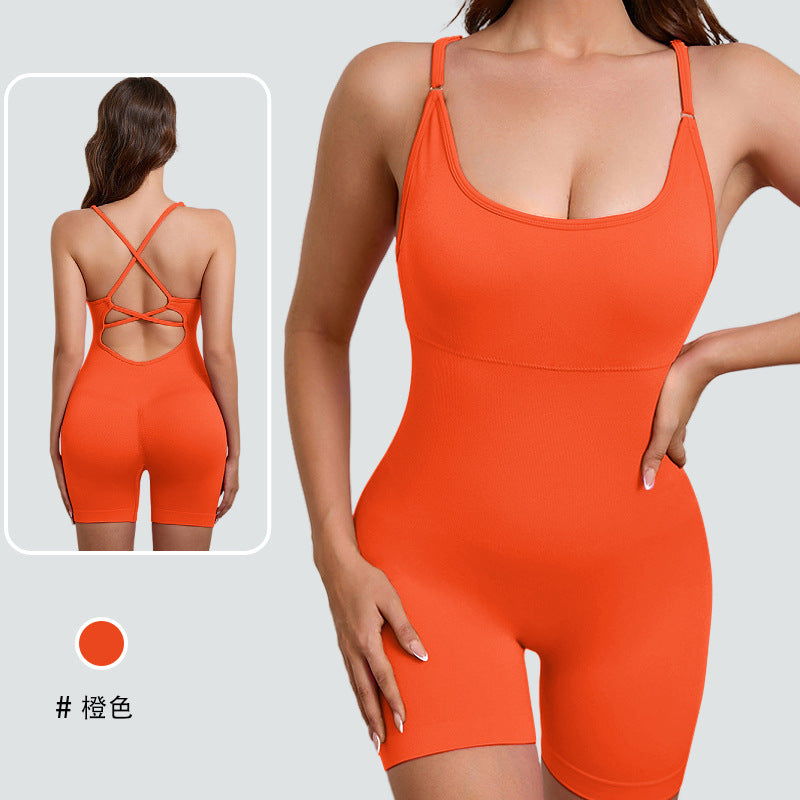 European and american style one-piece yoga bodysuit with removable padded bra, criss-cross back design, breathable, casual, activewear, and shaping bodysuit