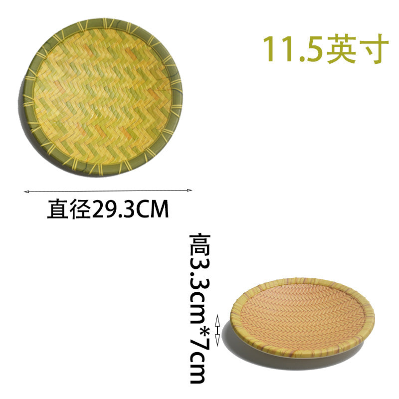 Bamboo woven disc plastic hot pot dish plate restaurant large plate barbecue plate farmhouse tableware green roast chicken plate banquet