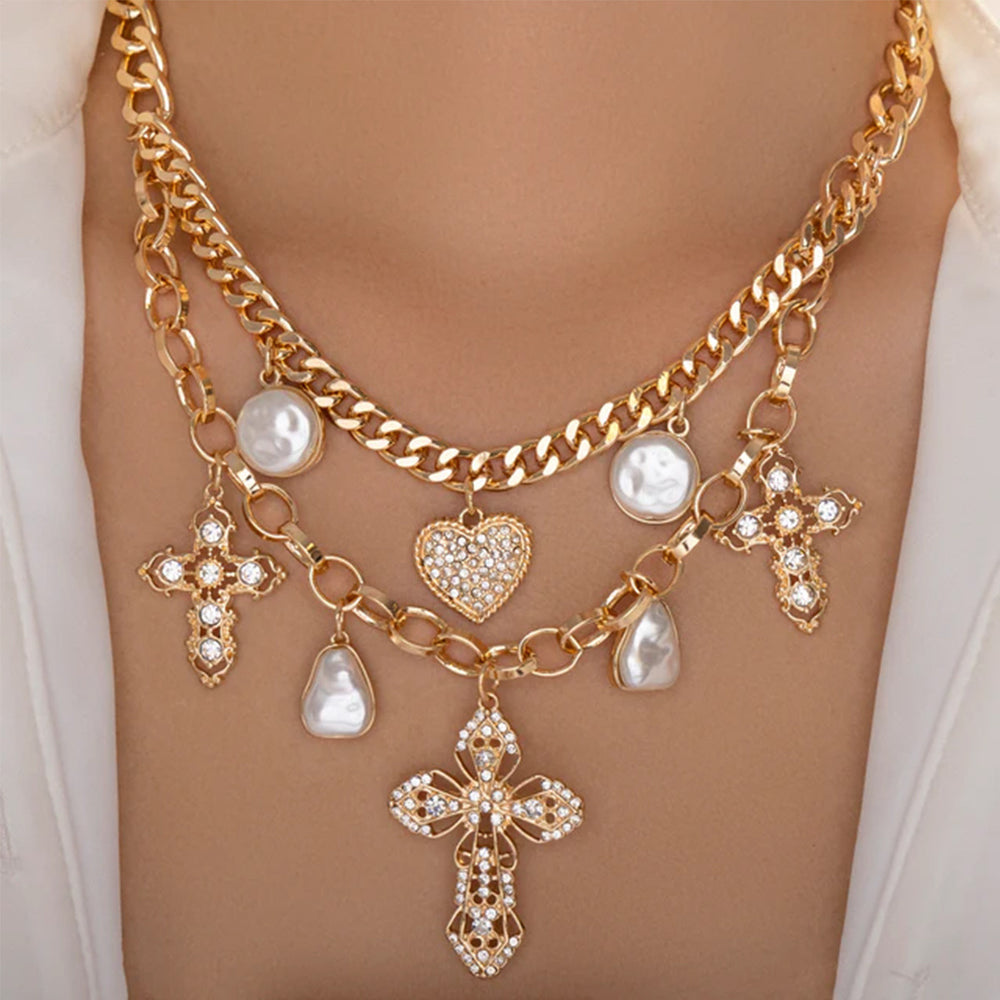 Stacked love cross necklace wholesale european and american cross-border cold style multi-layer exaggerated imitation pearl pendant clavicle chain