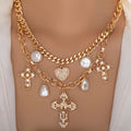 Stacked love cross necklace wholesale european and american cross-border cold style multi-layer exaggerated imitation pearl pendant clavicle chain