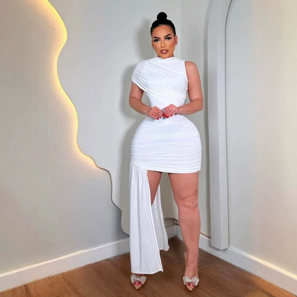 women's knit dress featuring an asymmetrical, uniquely designed high neckline. slimming, figure-flattering, and subtly sexy, perfect for concealing any problem areas