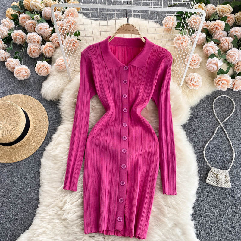 Autumn winternew arrivalfashionfashioneasiest for matchpure colorsilm polo collar pit strip knittinglong sleevesdress short skirt for women