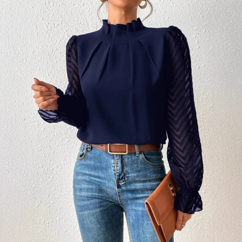 european and american cross-border women's fashion: new autumn/winter half-high neck, wavy pattern chiffon long sleeve top