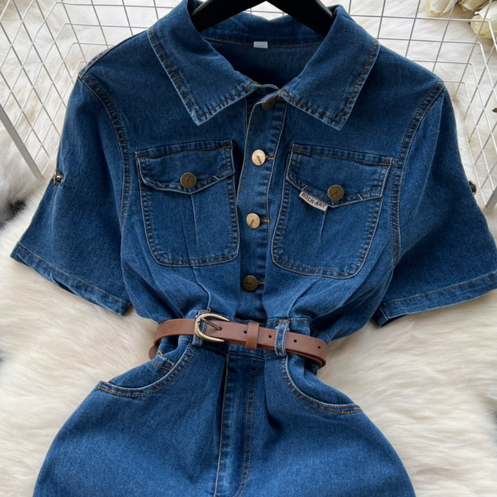 Sense of designniche style denim dress female k-stylesummercasualelegant medium longslimming look short-sleeved shirt long skirt