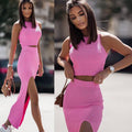 European and american style women's summer  new arrival: solid color slim-fit two-piece set - tank top and mini skirt with slit detail