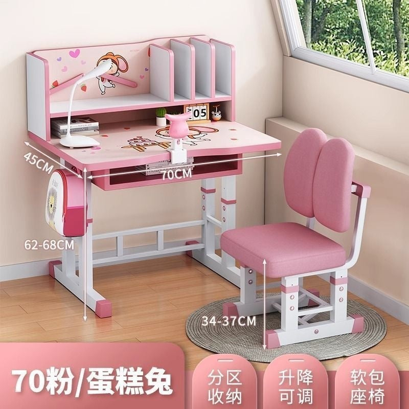Student home desk set - kids' study table with bookshelf, adjustable height, storage, and chair combination