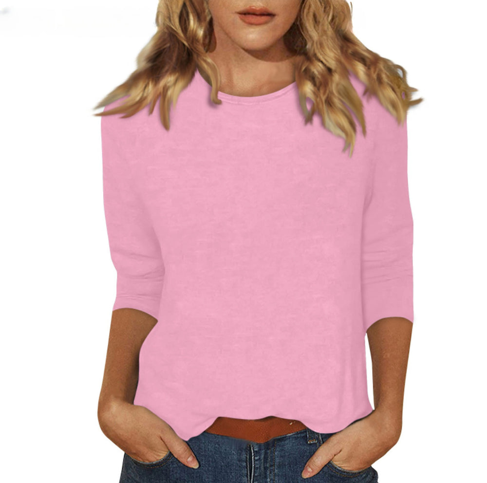 new women's crew neck t-shirt with 3/4 sleeves - solid color top for cross-border  sales