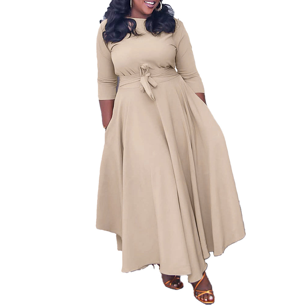 D3171 cross-border women's clothing  spring/summer new fashion elegant tie-up african plus size maxi dress export dress