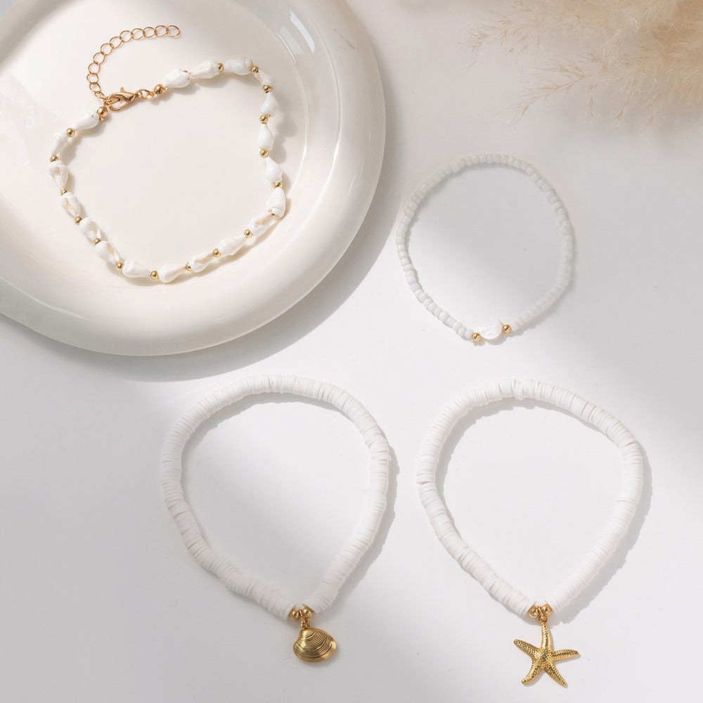 Fashion cross-border vacation style four-piece set shell anklet fashioncasual stacked multi-layered rice beads starfish braided anklet