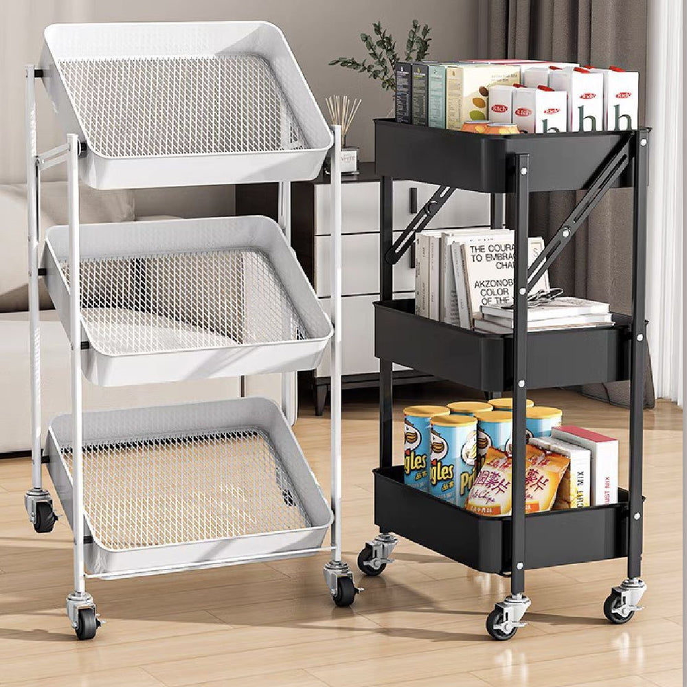 All-carbon steel foldable, no-assembly storage cart - mobile trolley for bathroom, kitchen, and snack storage