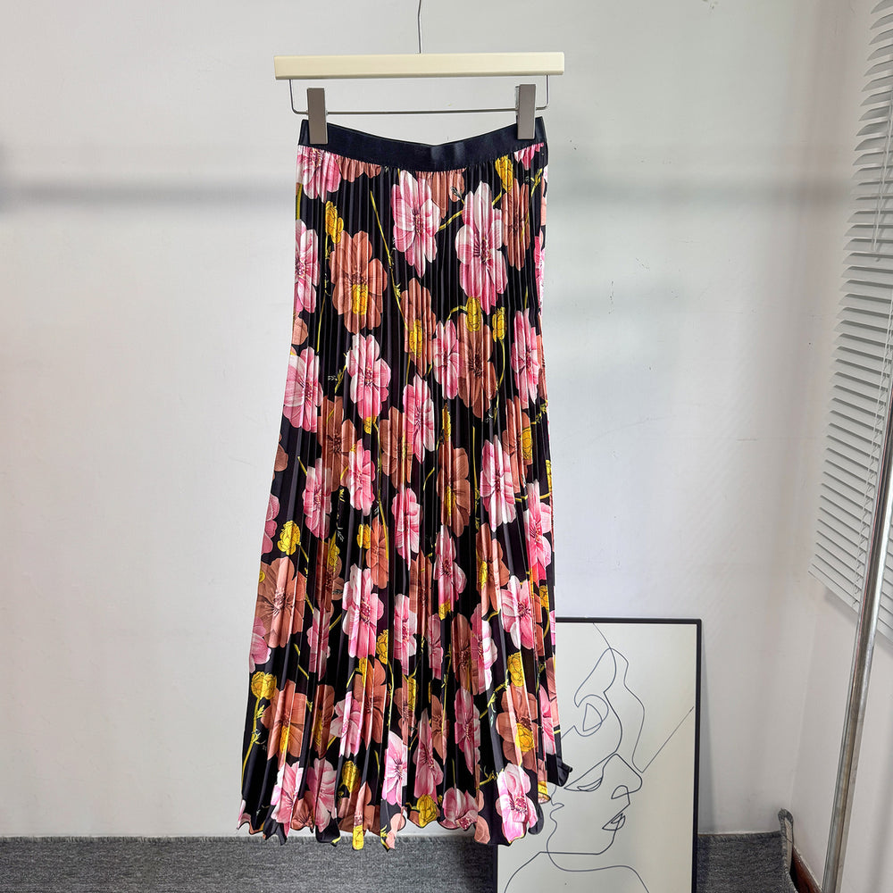 fashionretroprintingpleated elastic waist fashion skirt women's high waist a-line skirt work clothing long skirt summer