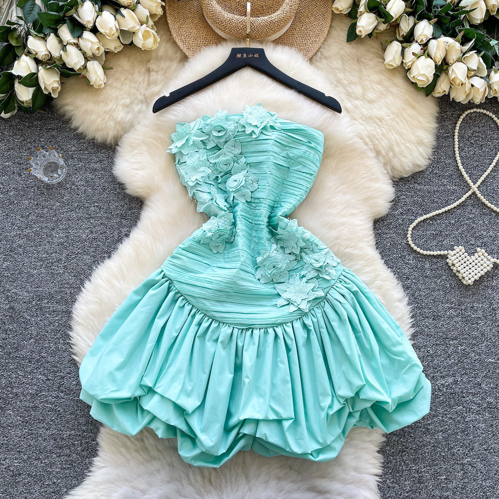 French heavy industrystereo flower dress seaside vacation style one shoulder tube top dress ruffles skirt