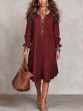 Women's vacation-ready slip dress: relaxed fit, v-neck, slit hem, ruffle trim, midi length - wholesale available