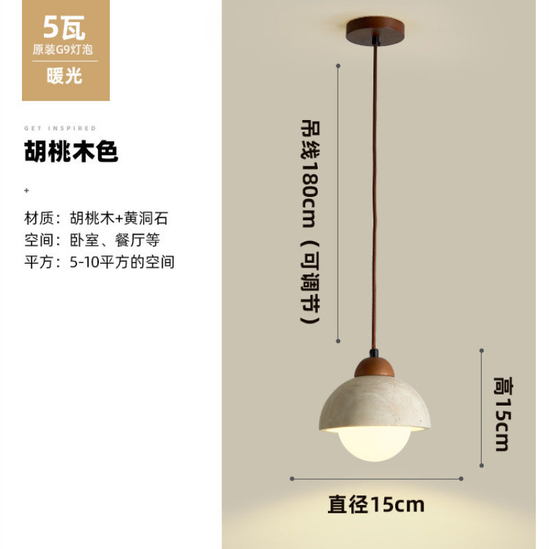 Yellow travertine bedroom bedside chandelier Japanese wabi-sabi retro walnut living room background wall bar hanging line lamp